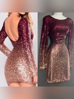 Fashion Nova Ombre Sequin Long Sleeve Red & Bronze Mini Dress Womens Large